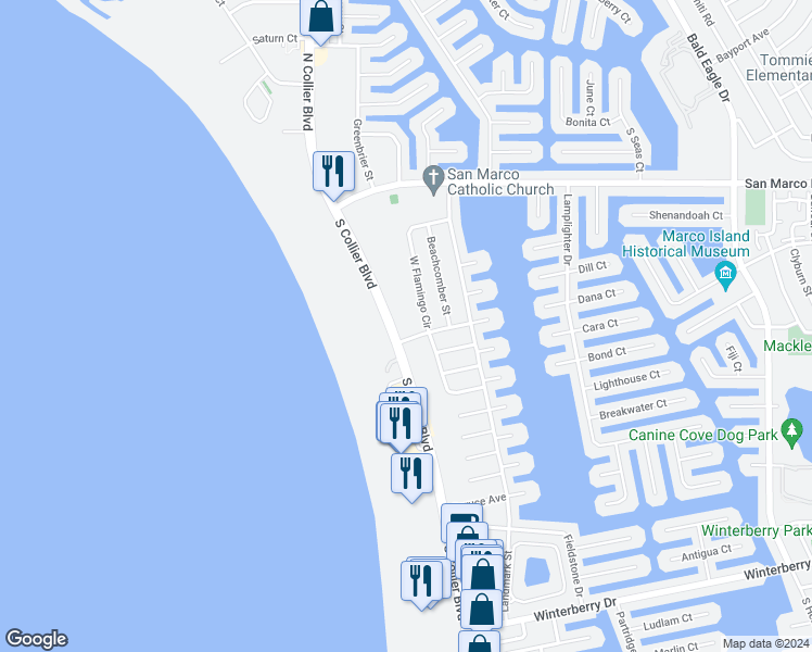 map of restaurants, bars, coffee shops, grocery stores, and more near 261 South Collier Boulevard in Marco Island