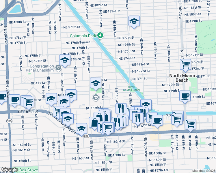 map of restaurants, bars, coffee shops, grocery stores, and more near 16800 Northeast 14th Avenue in North Miami Beach