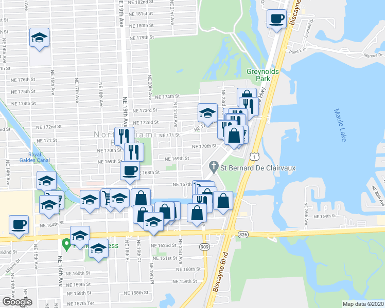 map of restaurants, bars, coffee shops, grocery stores, and more near 2175 Northeast 169th Street in North Miami Beach