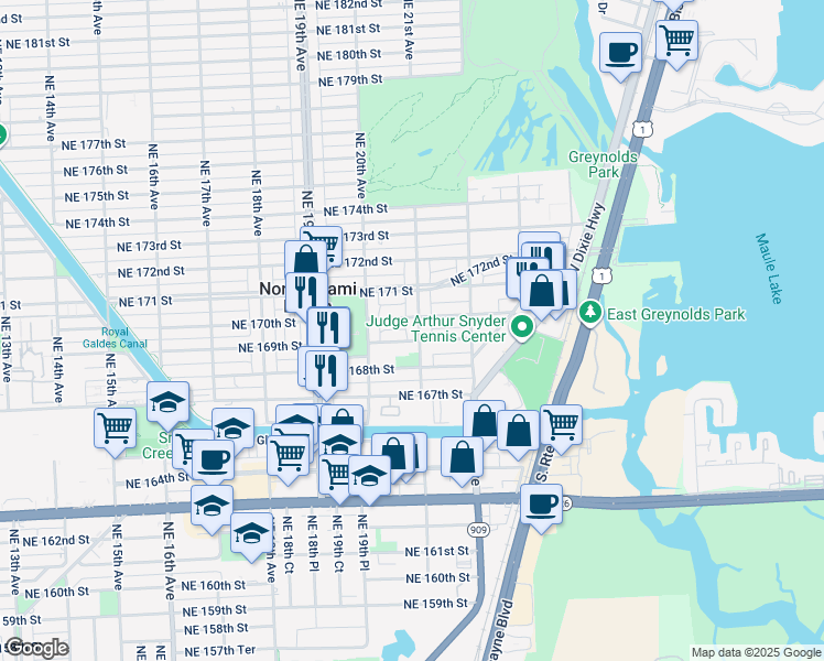 map of restaurants, bars, coffee shops, grocery stores, and more near 16930 Northeast 21st Avenue in North Miami Beach