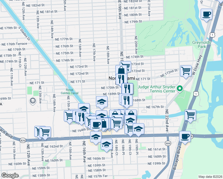 map of restaurants, bars, coffee shops, grocery stores, and more near 16992 Northeast 18th Avenue in North Miami Beach