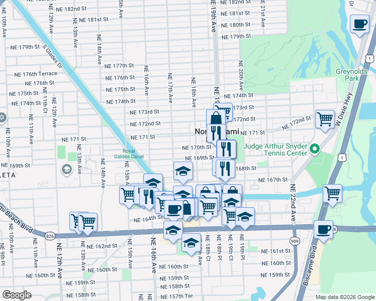 map of restaurants, bars, coffee shops, grocery stores, and more near 16992 Northeast 18th Avenue in North Miami Beach