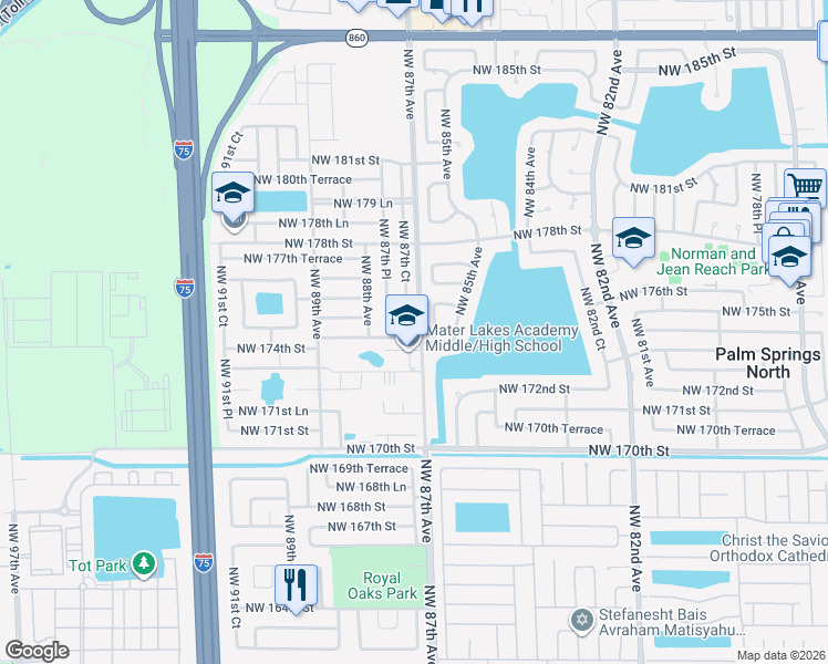 map of restaurants, bars, coffee shops, grocery stores, and more near 17420 Northwest 86th Avenue in Hialeah