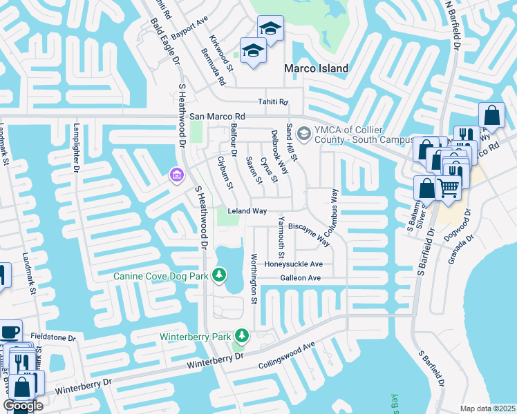 map of restaurants, bars, coffee shops, grocery stores, and more near 1412 Leland Way in Marco Island