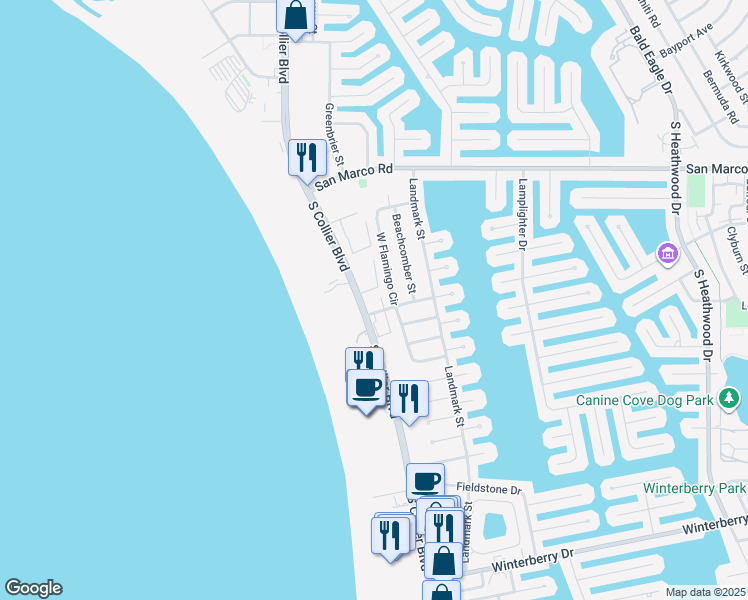 map of restaurants, bars, coffee shops, grocery stores, and more near 261 South Collier Boulevard in Marco Island