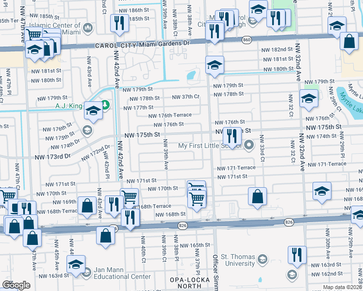 map of restaurants, bars, coffee shops, grocery stores, and more near 3820 Northwest 174th Street in Miami Gardens