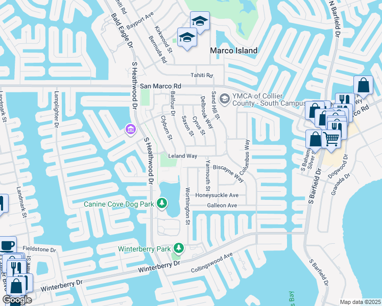 map of restaurants, bars, coffee shops, grocery stores, and more near 1412 Leland Way in Marco Island