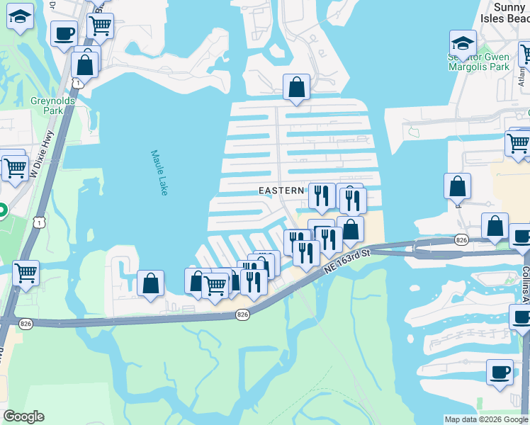 map of restaurants, bars, coffee shops, grocery stores, and more near 3440 Northeast 165th Street in North Miami Beach