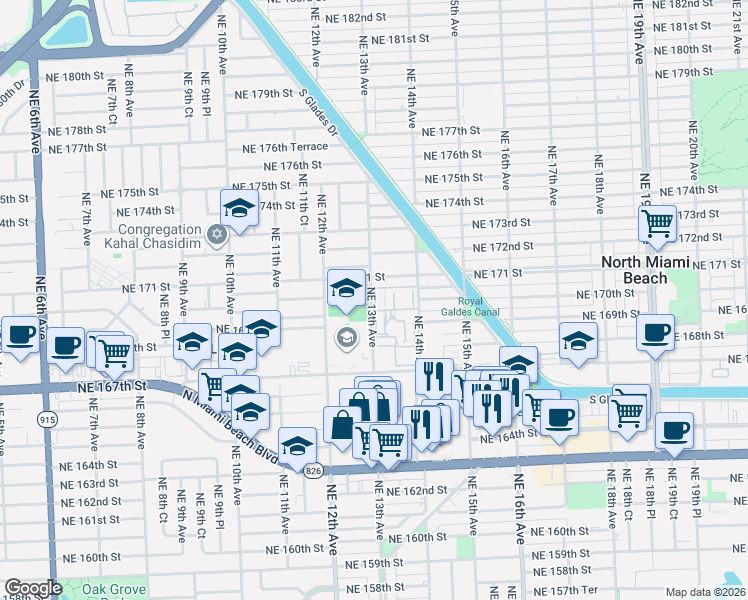 map of restaurants, bars, coffee shops, grocery stores, and more near 16800 Northeast 14th Avenue in North Miami Beach