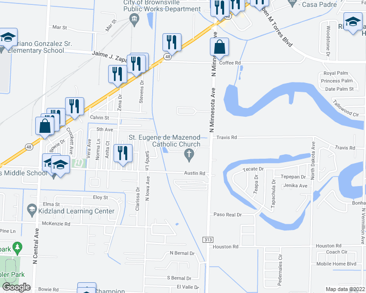 map of restaurants, bars, coffee shops, grocery stores, and more near 1313 North Minnesota Avenue in Brownsville