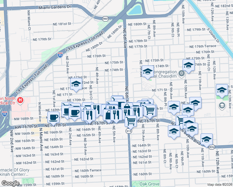 map of restaurants, bars, coffee shops, grocery stores, and more near 17090 Northeast 5th Court in North Miami Beach