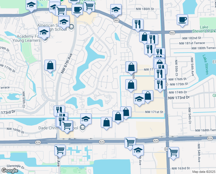 map of restaurants, bars, coffee shops, grocery stores, and more near 17329 Northwest 62nd Court in Hialeah