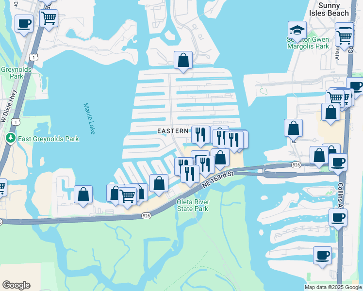 map of restaurants, bars, coffee shops, grocery stores, and more near 16435 Northeast 35th Avenue in North Miami Beach