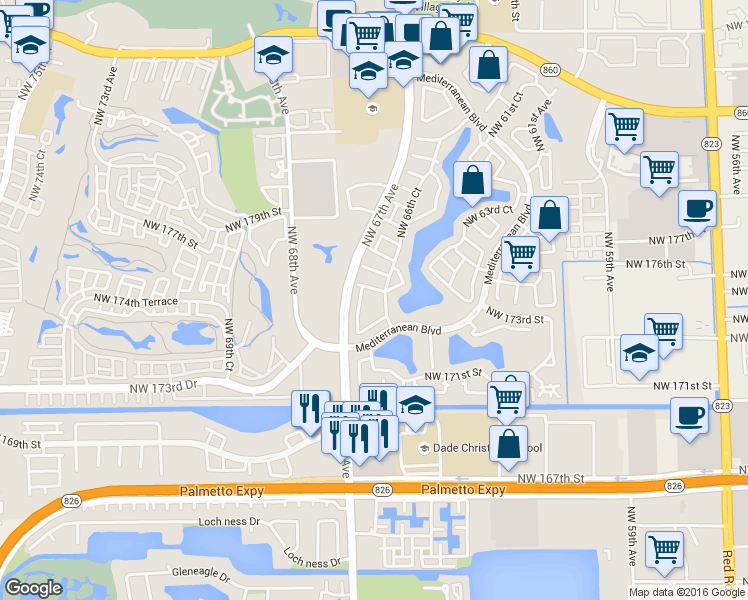 map of restaurants, bars, coffee shops, grocery stores, and more near 17358 Northwest 66th Court in Hialeah