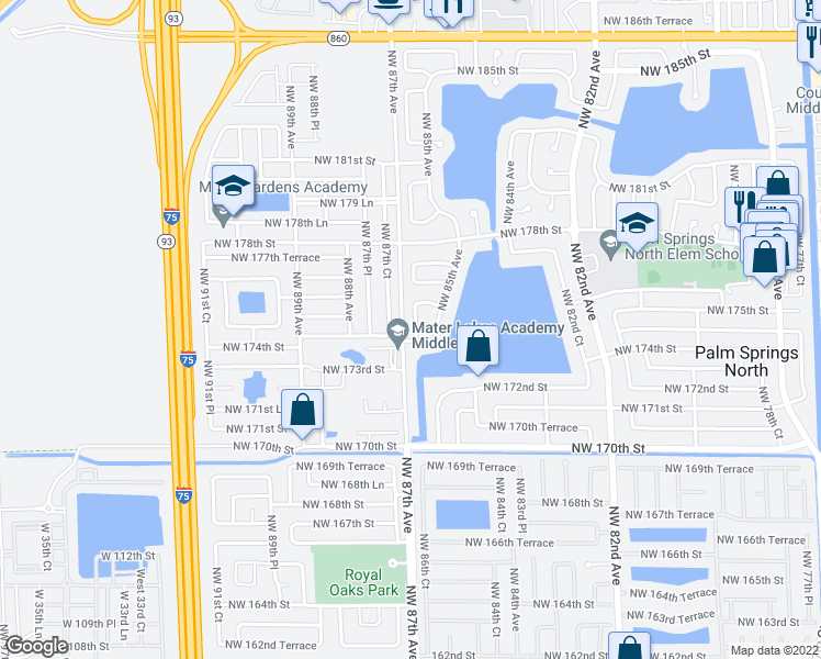 map of restaurants, bars, coffee shops, grocery stores, and more near 17420 Northwest 86th Avenue in Hialeah