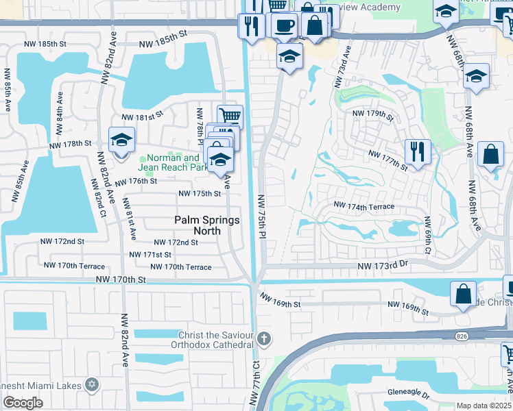 map of restaurants, bars, coffee shops, grocery stores, and more near 17460 Northwest 76th Court in Hialeah
