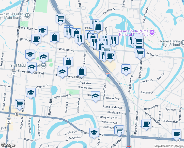 map of restaurants, bars, coffee shops, grocery stores, and more near 64 Evergreen Lane in Brownsville