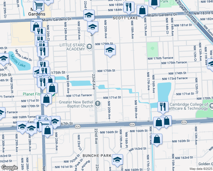 map of restaurants, bars, coffee shops, grocery stores, and more near 17230 Northwest 20th Avenue in Miami Gardens
