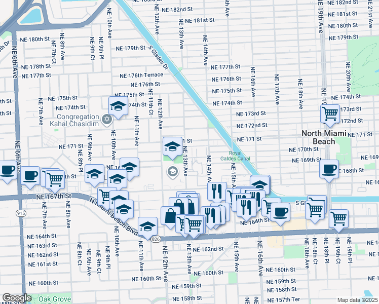 map of restaurants, bars, coffee shops, grocery stores, and more near 16800 Northeast 14th Avenue in North Miami Beach