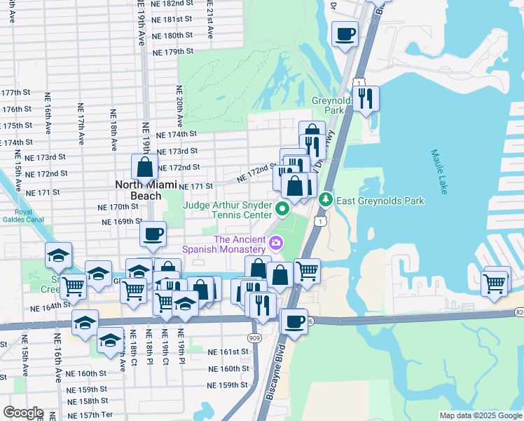 map of restaurants, bars, coffee shops, grocery stores, and more near 16952 Northeast 23rd Avenue in North Miami Beach
