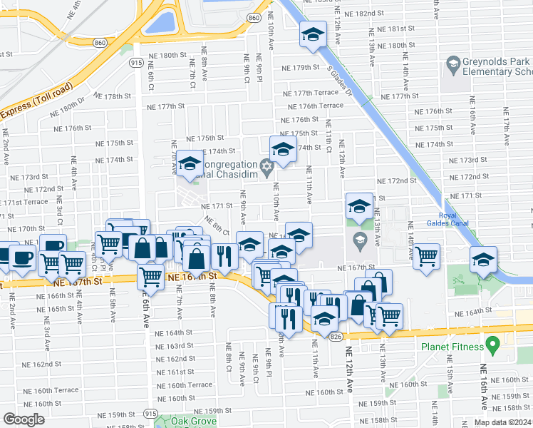 map of restaurants, bars, coffee shops, grocery stores, and more near 995 Northeast 170th Street in Miami