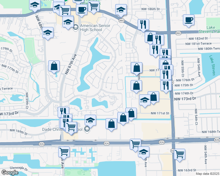 map of restaurants, bars, coffee shops, grocery stores, and more near 17330 NW 62nd Ct in Hialeah