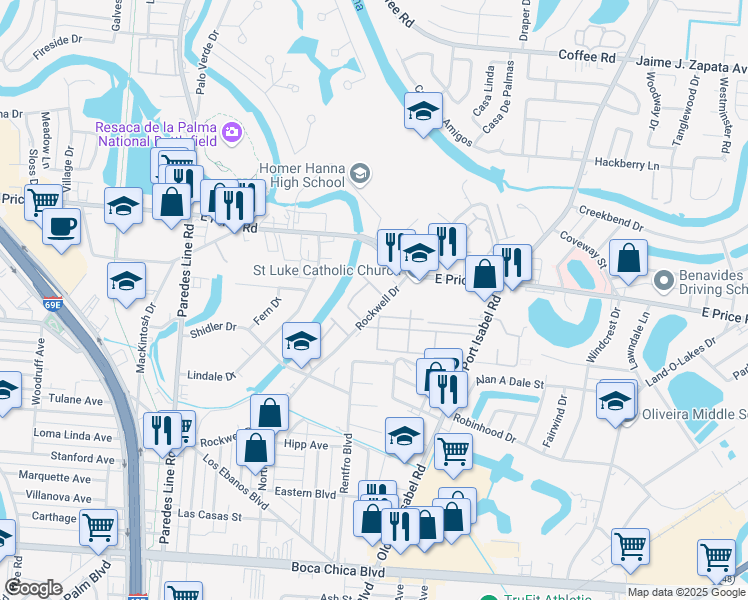 map of restaurants, bars, coffee shops, grocery stores, and more near 2845 Harwell Drive in Brownsville