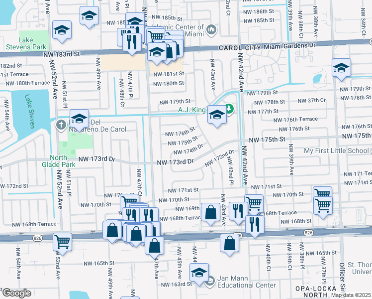 map of restaurants, bars, coffee shops, grocery stores, and more near 4441 Northwest 174th Drive in Miami Gardens