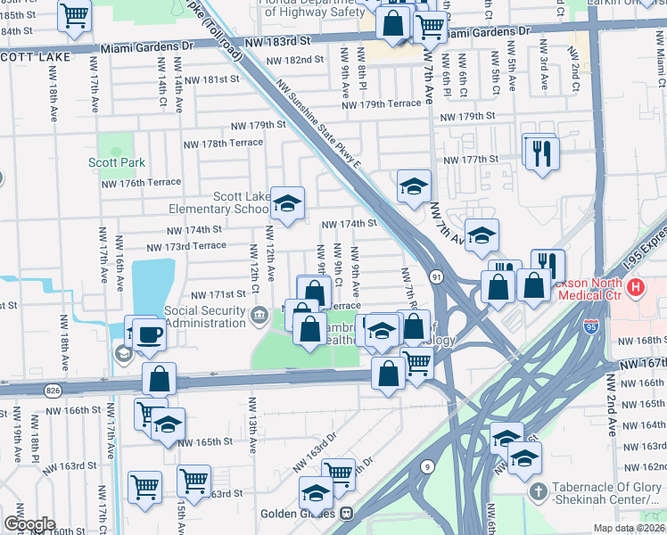 map of restaurants, bars, coffee shops, grocery stores, and more near 17204 Northwest 9th Avenue in Miami
