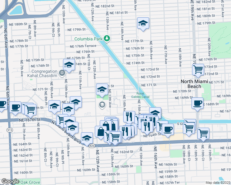 map of restaurants, bars, coffee shops, grocery stores, and more near 16800 Northeast 14th Avenue in North Miami Beach