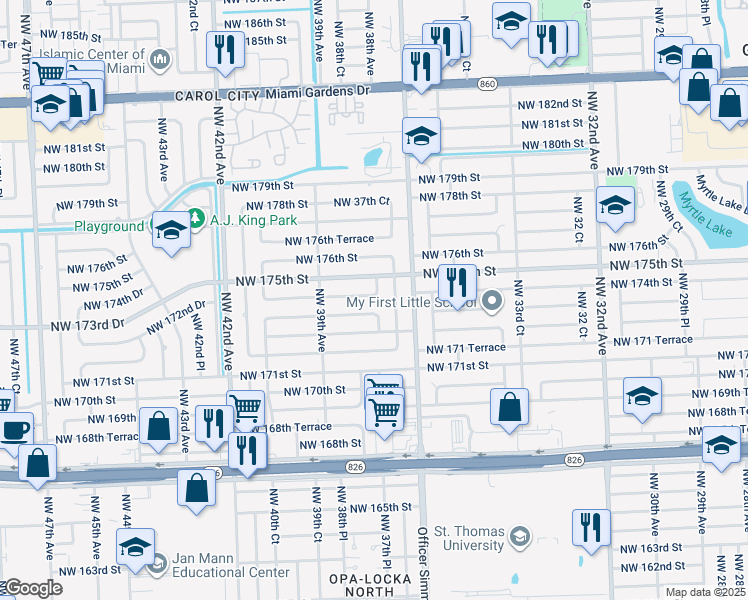 map of restaurants, bars, coffee shops, grocery stores, and more near 17310 Northwest 37th Court in Miami Gardens
