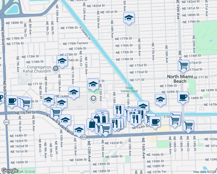 map of restaurants, bars, coffee shops, grocery stores, and more near 16800 Northeast 14th Avenue in North Miami Beach