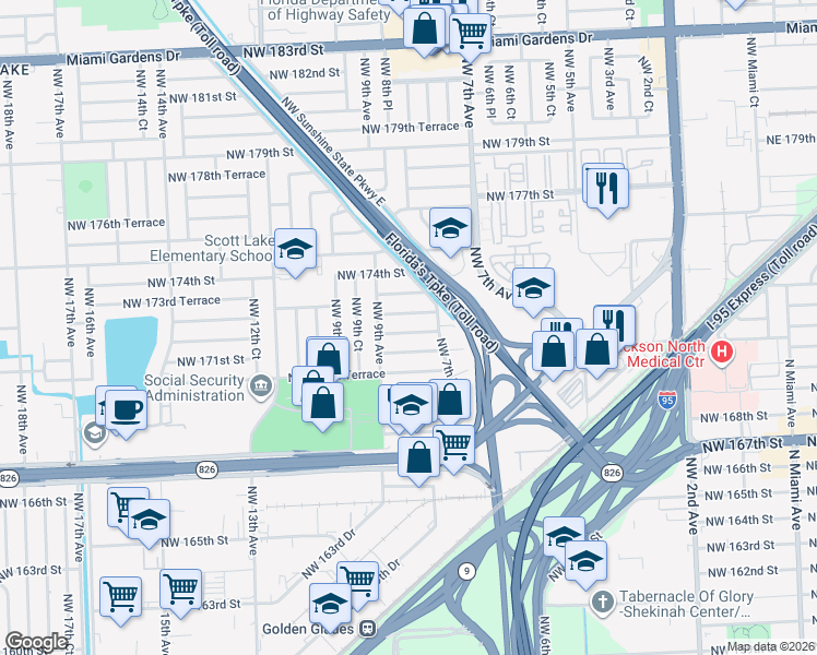 map of restaurants, bars, coffee shops, grocery stores, and more near 831 Northwest 171st Terrace in Miami
