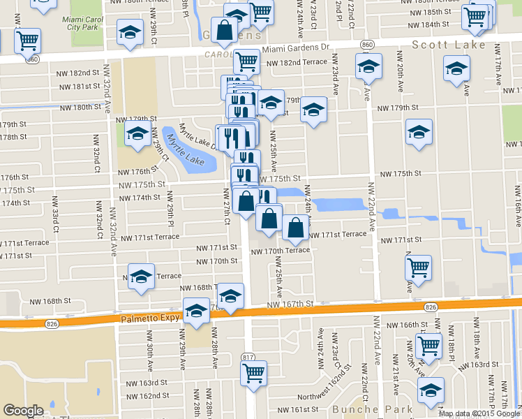 map of restaurants, bars, coffee shops, grocery stores, and more near 2530 Northwest 173rd Terrace in Miami Gardens
