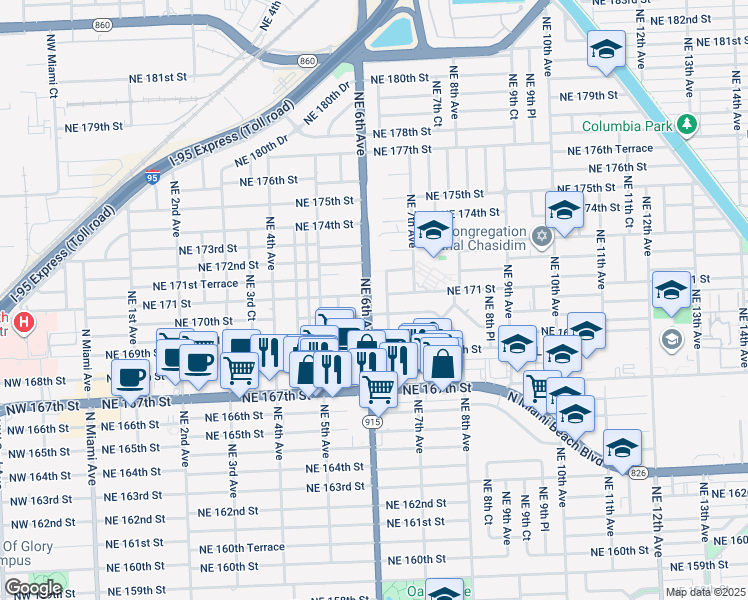 map of restaurants, bars, coffee shops, grocery stores, and more near in North Miami Beach