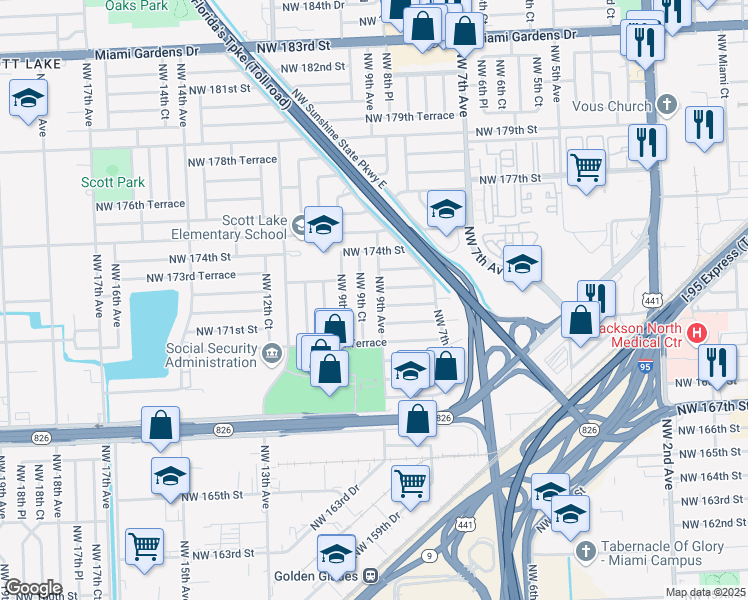 map of restaurants, bars, coffee shops, grocery stores, and more near 17204 Northwest 9th Avenue in Miami