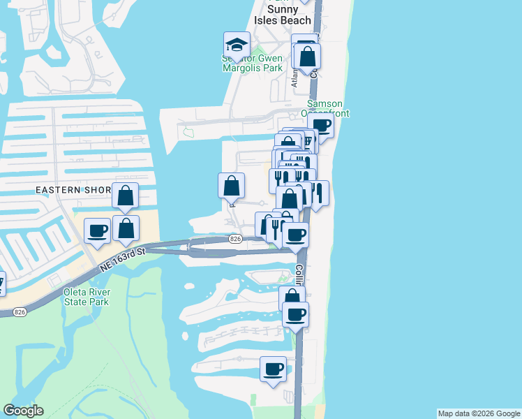 map of restaurants, bars, coffee shops, grocery stores, and more near 17021 North Bay Road in Sunny Isles Beach