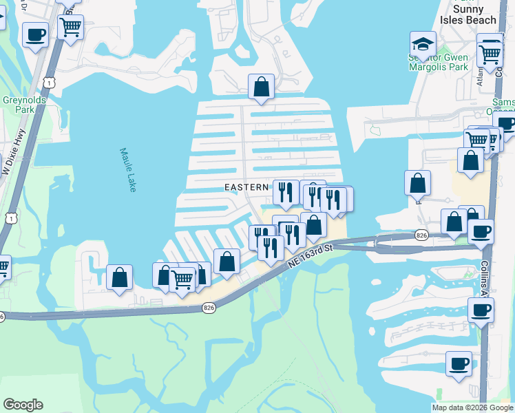 map of restaurants, bars, coffee shops, grocery stores, and more near 16435 Northeast 35th Avenue in North Miami Beach