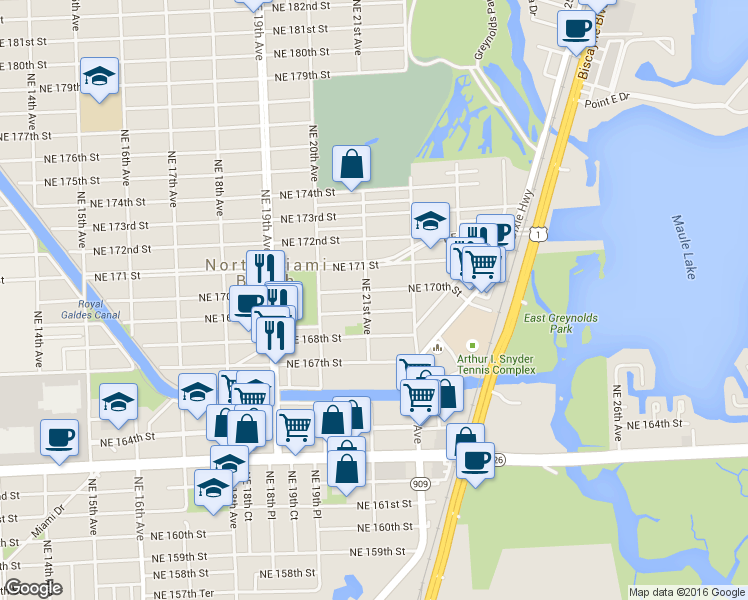 map of restaurants, bars, coffee shops, grocery stores, and more near 16930 Northeast 21st Avenue in North Miami Beach