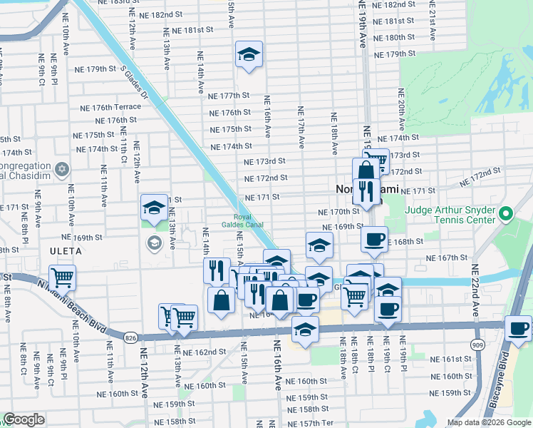 map of restaurants, bars, coffee shops, grocery stores, and more near 1500 Northeast 170th Street in North Miami Beach
