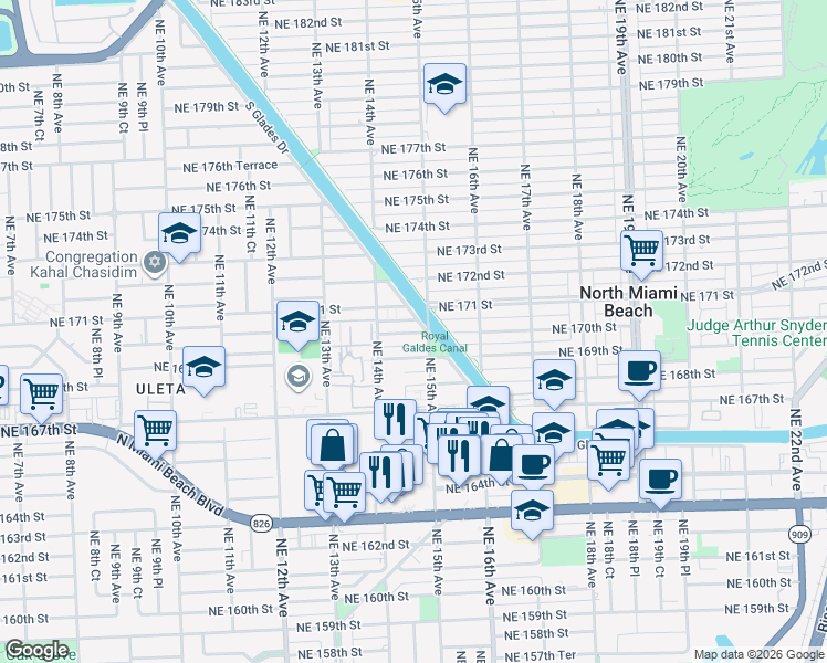 map of restaurants, bars, coffee shops, grocery stores, and more near in North Miami Beach