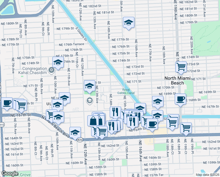 map of restaurants, bars, coffee shops, grocery stores, and more near 1450 Northeast 170th Street in North Miami Beach