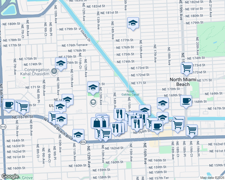 map of restaurants, bars, coffee shops, grocery stores, and more near 1450 Northeast 170th Street in North Miami Beach