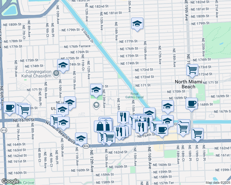 map of restaurants, bars, coffee shops, grocery stores, and more near 1450 Northeast 170th Street in North Miami Beach