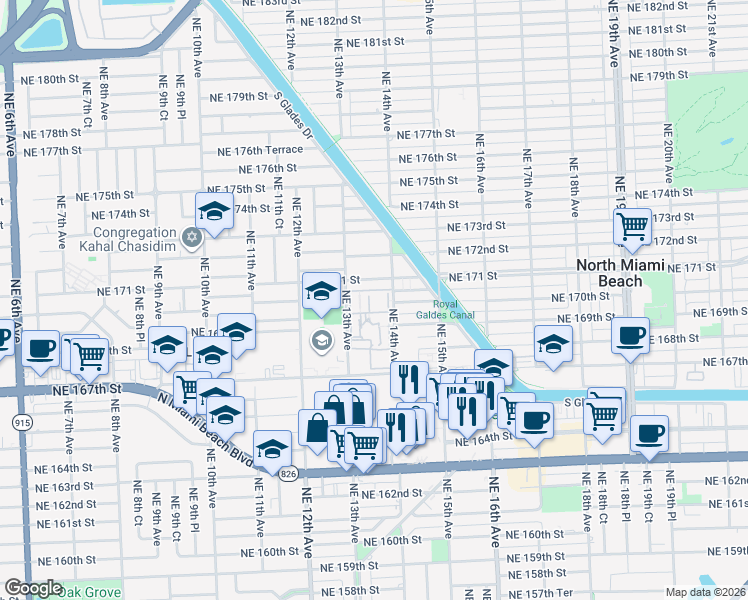 map of restaurants, bars, coffee shops, grocery stores, and more near 16800 Northeast 14th Avenue in North Miami Beach