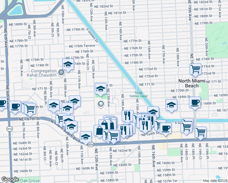 map of restaurants, bars, coffee shops, grocery stores, and more near 16800 Northeast 14th Avenue in North Miami Beach