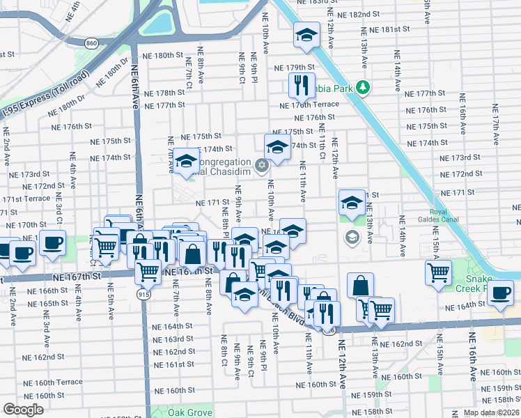 map of restaurants, bars, coffee shops, grocery stores, and more near 995 Northeast 170th Street in Miami