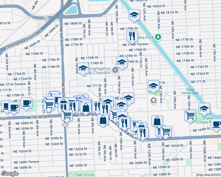 map of restaurants, bars, coffee shops, grocery stores, and more near 995 Northeast 170th Street in Miami
