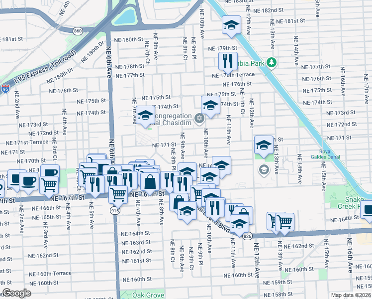 map of restaurants, bars, coffee shops, grocery stores, and more near 17010 Northeast 9th Avenue in Miami