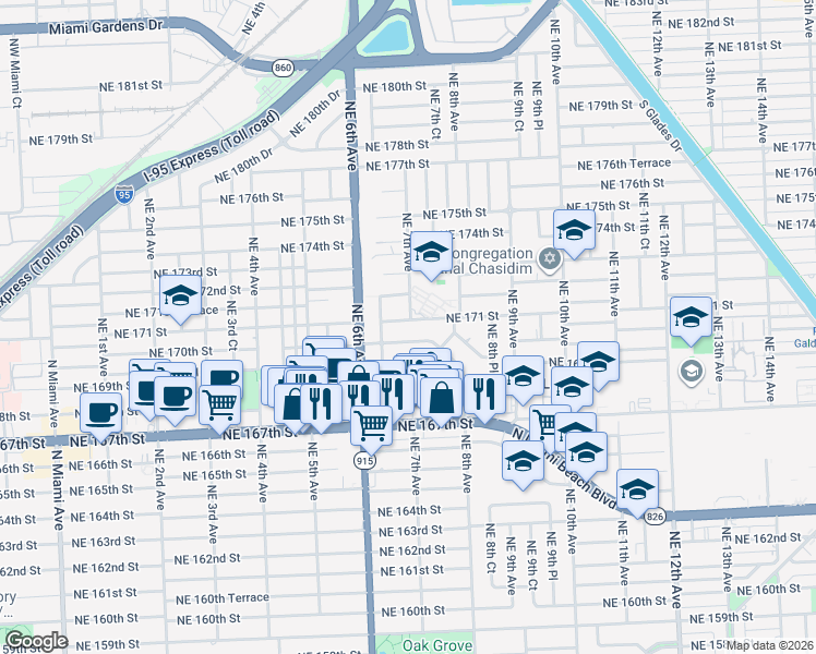 map of restaurants, bars, coffee shops, grocery stores, and more near 620 Northeast 171 Street in North Miami Beach